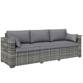 3 Seater Wicker Sofa with Side Trays, Outdoor Patio Couch with 6" Thick Back Cushions, Deep Seating, Mixed Gray