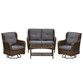 4 Piece Rattan Couch, with 2 Swivel Rocking Chairs, 2-Tier Glass Table and Sofa, All-Weather PE Set for Garden, Patio, Gray