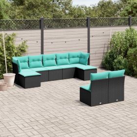 Garden Sofa Set Black, Blue PE rattan, Powder-coated steel, Fabric