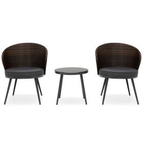 3 Pieces Patio Rattan Bistro Set with 2 Seat Cushions and Tempered Glass Tabletop