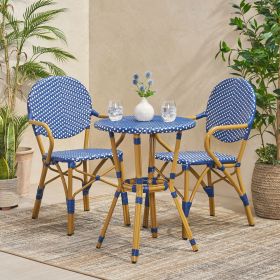 Outdoor PE Rattan and Aluminum 3 Piece French Bistro Set, Dark Teal & White, and Bamboo Finish