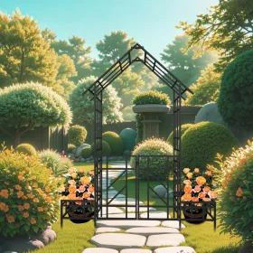 Metal Garden Arch With Gate With Planter W80.71*H97.24 Climbing Plants Support Rose Arch Outdoor Black (Option: Black)