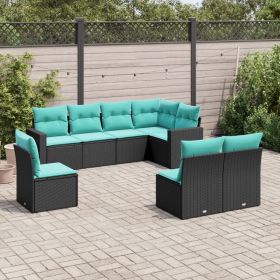 Garden Sofa Set Black, Blue PE rattan, powder-coated steel, polyester (Color: Black)