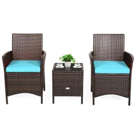 3 Pieces Patio Cushioned Rattan Converstaion Set With Glass Table Top (Color: Blue)
