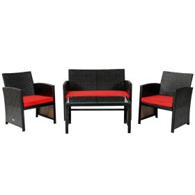 4 Pieces Patio Rattan Cushioned Furniture Set (Color: Red)