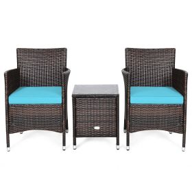 3 Pieces Ergonomic Wicker Patio Conversation Set (Color: Blue)